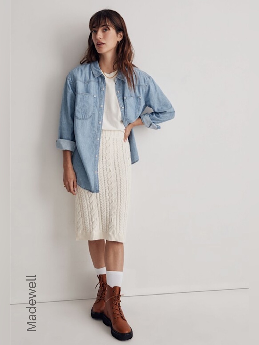 NWT MADEWELL CABLE KNIT MIDI SWEATER SKIRT PULL-ON COTTON BLEND | SMALL